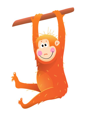 Cute Baby monkey orangutang hanging on branch illustration for kids. Playful chimp for kids projects and designs. Monkey in jungle, animal character for children. Isolated hand drawn vector clipart.のイラスト素材