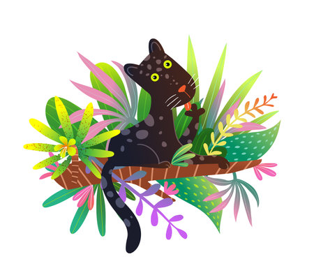 Cute panther among flowers and tropical leaves. Graphic Animal Illustration for Kids. Adorable and playful wild panther illustration for children education or zoo design. Vector isolated clip art.のイラスト素材