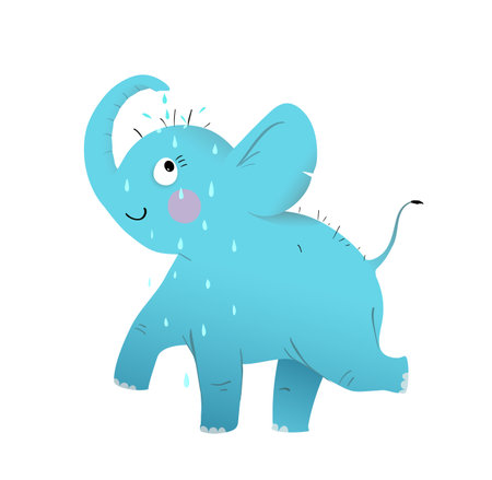 A cute and playful hand-drawn clipart of a baby elephant, walking with a smile. Animal character illustration for children, wildlife, and zoo cartoon. Vector illustration for kids.のイラスト素材
