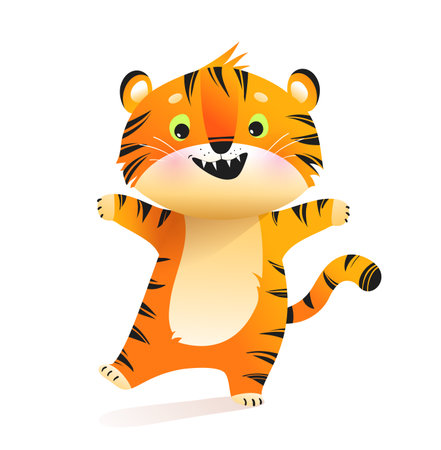 A colorful hand-drawn baby tiger, cute joyful character design for children. Tiger mascot illustration in vibrant colors, adorable cat for kids. Vector animal zoo clipart.のイラスト素材