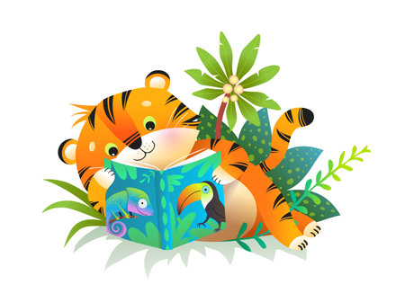 Cute baby tiger character for children reading a book or study among the tropical leaves. Colorful animal character for kids reading book projects studying or library. Vector animal education clipart.のイラスト素材