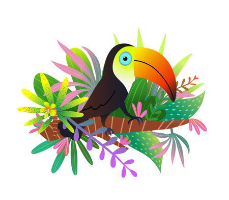 A colorful hand-drawn clipart of a toucan with exotic leaves in jungle nature. Bird character illustration in vibrant colors, hand drawn design. Vector illustration modern design.のイラスト素材