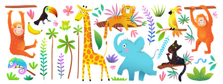 Cute Animals and Jungle Forest Nature elements clipart. Exotic colorful illustrations for kids, elephant, monkey, giraffe, tiger and toucan . Hand drawn vector animals clip art collection for childrenのイラスト素材