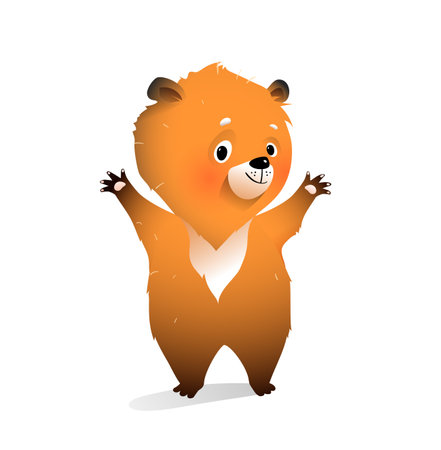 Cute baby teddy bear standing greeting curious, animal character for storybook. Adorable bear cub smiling, happy illustration for children. Vector animal character isolated cartoon clip art for kids.のイラスト素材