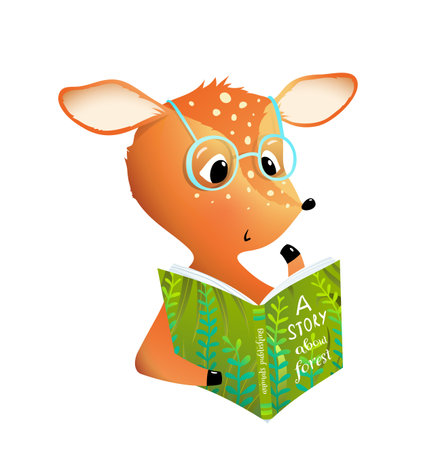 Cute baby deer reading a book or studying, wearing glasses. Learning and education illustration for children. Vector animal character cartoon illustration, isolated clip art for kids and library.のイラスト素材
