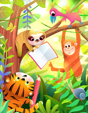 Cute animals reading book or study in jungle forest on the tree. Tiger, sloth and bird learning in rainforest. Colorful education illustration for children . Vector cartoon for kids with cute animals.のイラスト素材