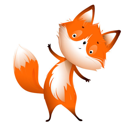 Cute Little Fox Hugging Greeting, funny character design for kids. Furry cheering mascot, childish crafty red fox isolated clipart. Hand drawn vector animal cartoon in watercolor style for children.のイラスト素材