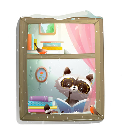 Cute Raccoon Reading Book at Winter Window isolated clipart. Animal cartoon for kids, reading a fairytale or studying animal. Storytelling book for children. Vector illustration in watercolor style.のイラスト素材