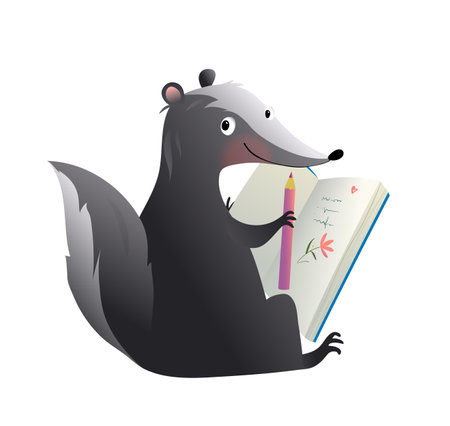 Skunk drawing a picture in forest, animal school for art and craft or writing in journal. Art and craft activity, diary clipart for kids education. Isolated animal for children. Vector illustration.のイラスト素材