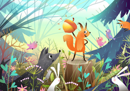Forest animals meeting in the forest. Cute squirrel showing her nut on the stump to birds wolf and rabbit. Kids fairy tale story illustration, animals in the woods. Hand drawn children vector cartoon.のイラスト素材