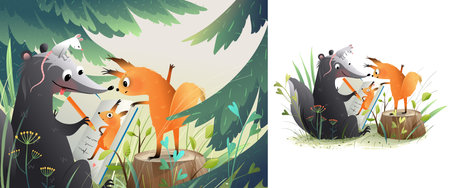 Skunk drawing a picture of squirrel in the forest. Funny portrait drawing workshop . Art and craft school in nature, story for kids. Isolated storytelling pages for children. Vector illustration.のイラスト素材