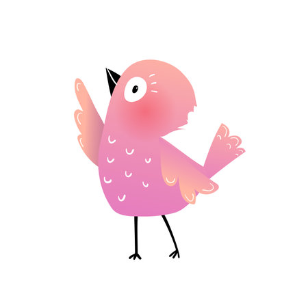 Cute little bird illustration for kids. Small pink birdie showing with wing, isolated animal design. Vector children clip art illustration in watercolor style.のイラスト素材