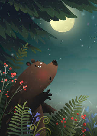 Fantasy pine forest at night with full moon and bear looking at moon. Good night story, fairytale bear animal for kids under pine tree. Vector illustration, fantasy animal character for children.のイラスト素材