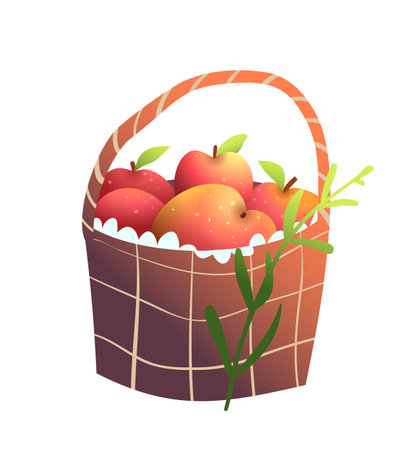 Cute basket full of apples hand drawn illustration. Summer fruit garden design element, fruits in a basket. Hand drawn cartoon in watercolor style. Isolated clipart on white.のイラスト素材