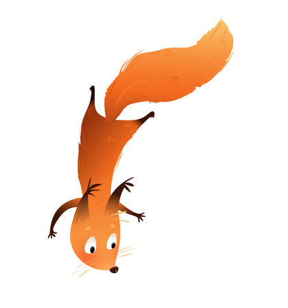 Flying silly squirrel character design for children. Cute and playful squirrel climbing playing. Furry forest animal friend for kids. Vector childish illustration in watercolor style.のイラスト素材