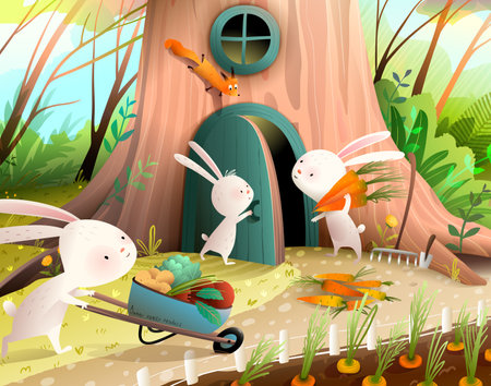 Rabbit or bunny family gardening together, autumn vegetable harvest and produce. Forest animals tree house and garden fairytale for children. Vector book illustration for kids story about rabbits.のイラスト素材