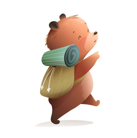 Cute teddy bear traveler on an adventurous journey. Teddy bear character hiking with a backpack. Animal for kids stories and fun adventures. Isolated vector clipart in watercolor colors for children.のイラスト素材