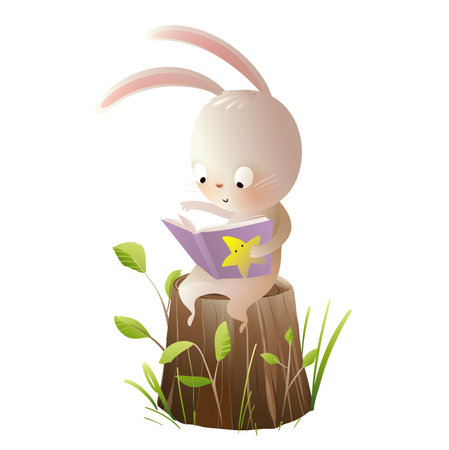 Cute rabbit or bunny in the forest reading a book, sitting on a tree stump. Animal reading book in nature illustration for children. Isolated vector character clipart in watercolor colors for kids.のイラスト素材