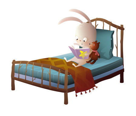 Cute teddy bear and bunny reading book in bed before sleeping. Bed with toys for children bedroom and reading books before sleep. Isolated vector clipart in watercolor colors for kids.のイラスト素材