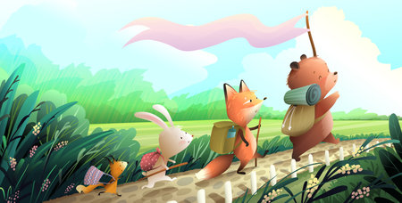 Bear fox squirrel and bunny on a journey in scenic rural path in forest landscape. Animal characters backpack adventures. Vector in watercolor colors for children book tales, summer exploration.のイラスト素材
