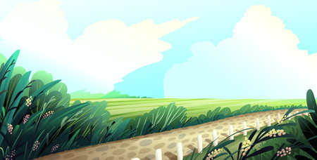 Scenic rural path in forest landscape, road in countryside by the field. Scenic background for summer outdoor journey fairytale. Vector in watercolor colors for children book tales.のイラスト素材