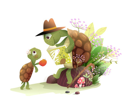Grandpa Tortoise reading book to a turtle granddaughter in forest. Tortoise animals study and teach in forest landscape. Kids illustration for story or fairytale. Vector cartoon drawing for children.のイラスト素材