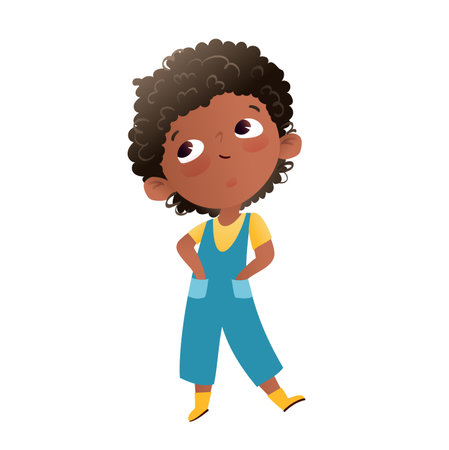 Cool African American child, graphic illustration of a black schoolgirl standing hands in pockets looking up. Preschool children cartoon, pupil mascot. Colorful isolated vector character clip art.のイラスト素材