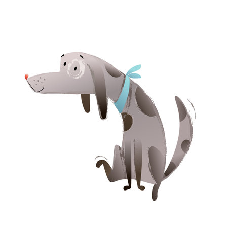 Cute little puppy dog sitting and scratching, looking curious. Funny domestic animal, playful doggy friend character design for kids. Hand drawn vector clip art cartoon illustration for children.のイラスト素材