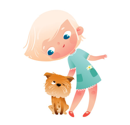 Cute blonde girl and her best friend fluffy little dog, Child character playing with pet doggy, kids and petting puppies illustration. Vector hand drawn clipart cartoon for children.のイラスト素材