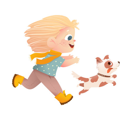 Cute little girl playing and running with her puppy dog. Happy childhood with dog friend, small child run with dog outside. Vector character Illustration for children. kids cartoon.のイラスト素材