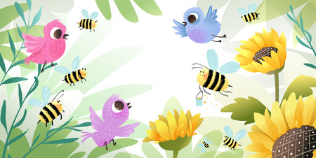 Magic summer garden background with birds bees and sunflowers for kids. Cute frame design for children with copy space, empty in the middle. Vector illustration in watercolor style.のイラスト素材