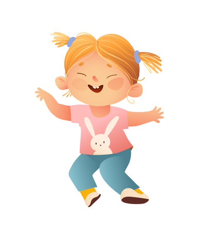 Little cute girl, jumping cheerful hands up smiling and laughing. Happy child, graphic illustration for school or kindergarten children. Kids character cartoon, vector isolated clipart.のイラスト素材