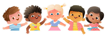 Children multiracial group waving and greeting, happy school children. Multicultural kids in line illustration for school or kindergarten design. Kids character cartoon vector isolated border clipart.のイラスト素材