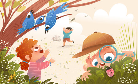 Little kids play in forest and study nature environment. Boy watch bugs with magnifying glass. Girl watching Birds. Children education and learning nature animals and biology. Vector illustration.のイラスト素材