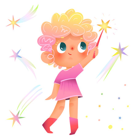 Little princess girl character design for kids story. Cute girl wearing princess costume doing magic with sparkling shiny magic wand. Colorful fairy tale vector clip art graphics for children.のイラスト素材