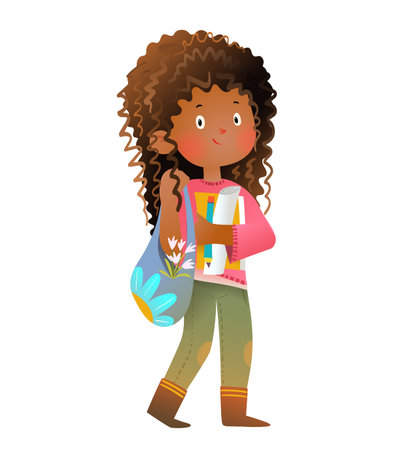 Cute teenager smart girl, African American female student holding books. Teenager schoolgirl with books, education and study character design. Watercolor colored vector clip art cartoon illustration.のイラスト素材