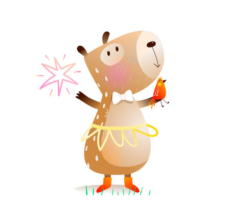 Cute capybara rodent and bird, party animal character design. Hand drawn whimsical capybara wearing clothes. Clipart vector animal illustration, funny cartoon character for childrenのイラスト素材