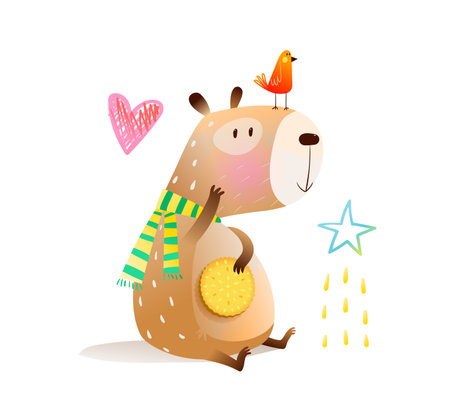 Whimsical capybara rodent and bird, cute animals character design. Hand drawn whimsical capybara eating cookie. Clipart vector animal illustration, funny cartoon character for childrenのイラスト素材