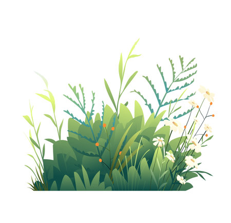 Colorful Botanical Cartoon Grass and Leaves Floral Composition. Green spring or summer floral nature scene design. Vector illustration, hand drawn nature clip art cartoon for kids in watercolor styleのイラスト素材