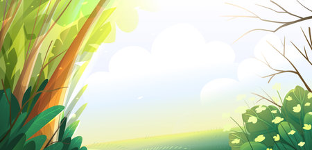 Nature landscape. sunlit forest with green leaves and flowers. Sunny meadow and blue sky in a peaceful natural atmosphere background. Vector cartoon illustration, empty forest and meadow scenery.のイラスト素材