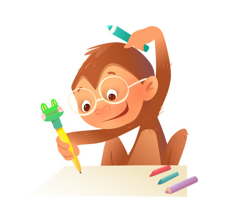 Cute Monkey or Chimp drawing and coloring with crayons or pencils in a book. Cute wild animal character illustration, educational activity for children creativity. Vector cartoon illustration for kidsのイラスト素材