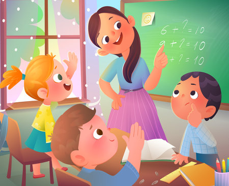 Fun math lesson with students raised hands and teacher at blackboard. Young boy answering mathematics homework task in front of the class. Vector cartoon illustration for children and kids educationのイラスト素材