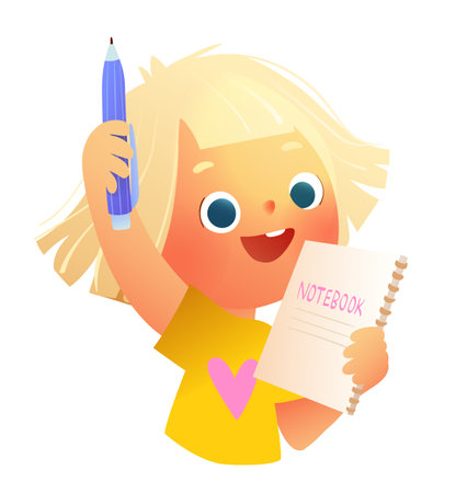 Cheerful girl holding a notebook and a pencil happy smiling. Kid drawing and writing in kindergarten. Elementary schoolgirl character studying to write. Vector children education illustrationのイラスト素材