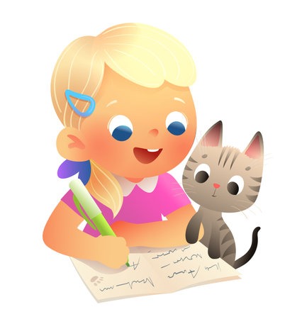 Little girl doing homework with her cat, writing in notebook. Kid drawing and writing with kitten. Elementary schoolgirl character writing in notebook studying. Vector children education illustrationのイラスト素材