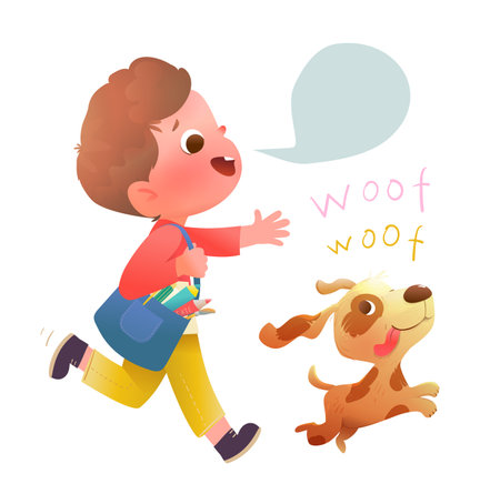 Schoolboy with schoolbag and his dog running together playing after school. Boy child character and his puppy pet playing running and barking. Vector children clipart illustration.のイラスト素材