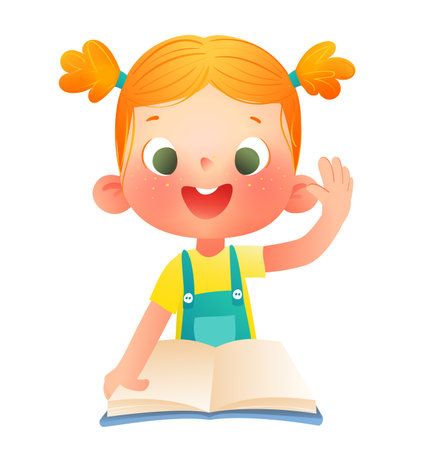 Cheerful smart girl holding an open book smiling and waving. Kids reading studying and learning character design for bookstore, library and school. Vector children education illustrationのイラスト素材