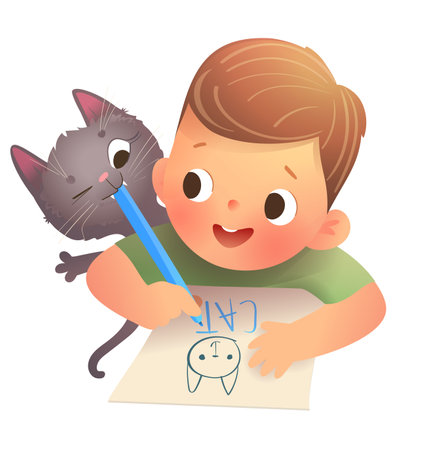 Little boy doing homework with his cat and playing together. Kid drawing and writing with kitten. Elementary schoolboy character writing in notebook studying. Vector children education illustrationのイラスト素材