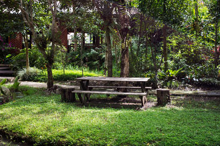 table in green garden somewhere in thailand の写真素材