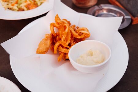 Fried squid with tartar sauce on white dishの写真素材