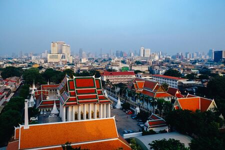 Bangkok cityscape with sky and horizontal line background from golden mountain Bangkok, Thailandの写真素材